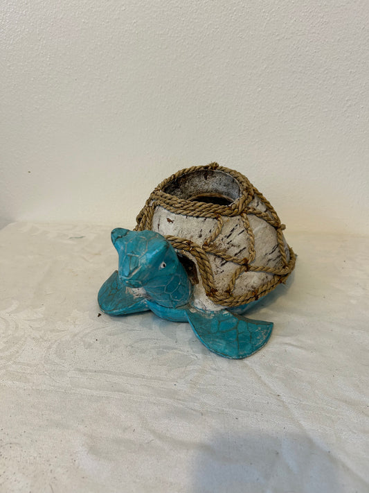 Hand-painted coconut turtle bottle holder in aqua blue – coastal decor