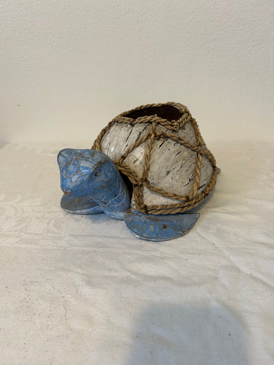 Hand-painted coconut turtle bottle holder in blue – coastal decor